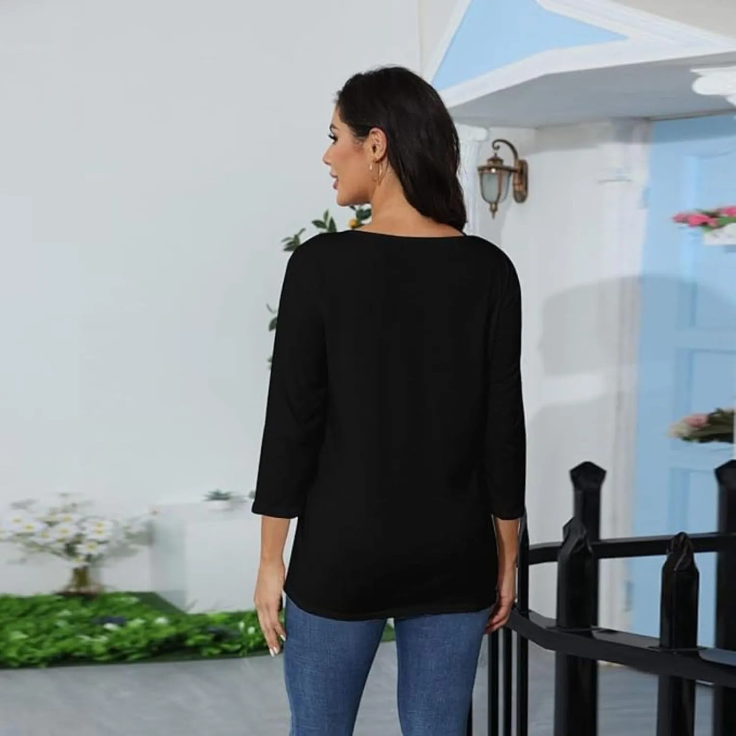 Womens Tops 3/4 Sleeve Shirts Crew Neck Loose Casual Dressy Blouses Floral Fashion Print Tshirts Plain Basic Cute Tees