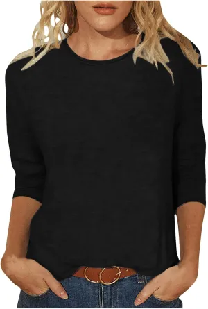 Womens Tops 3/4 Sleeve Shirts Crew Neck Loose Casual Dressy Blouses Floral Fashion Print Tshirts Plain Basic Cute Tees