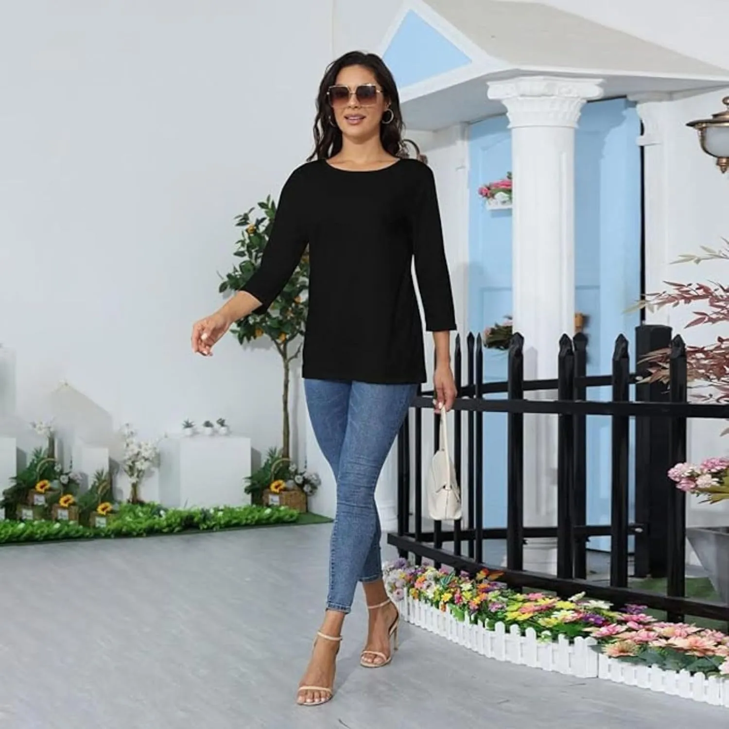 Womens Tops 3/4 Sleeve Shirts Crew Neck Loose Casual Dressy Blouses Floral Fashion Print Tshirts Plain Basic Cute Tees