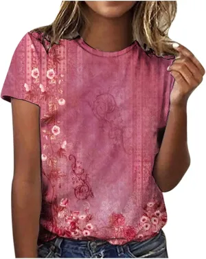 Womens Tops Trendy Summer Casual Retro Flower Printed Top Short Sleeve Crewneck Tees Loose Lightweight T Shirt Blouse