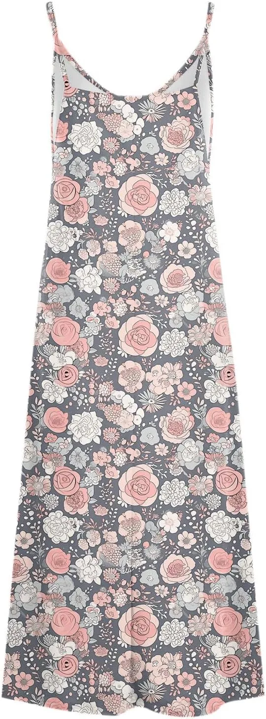 Womens V Neck Adjustable Spaghetti Strap Sundress 2025 Vintage Printed Maxi Cami Dress Summer Beach Outfits