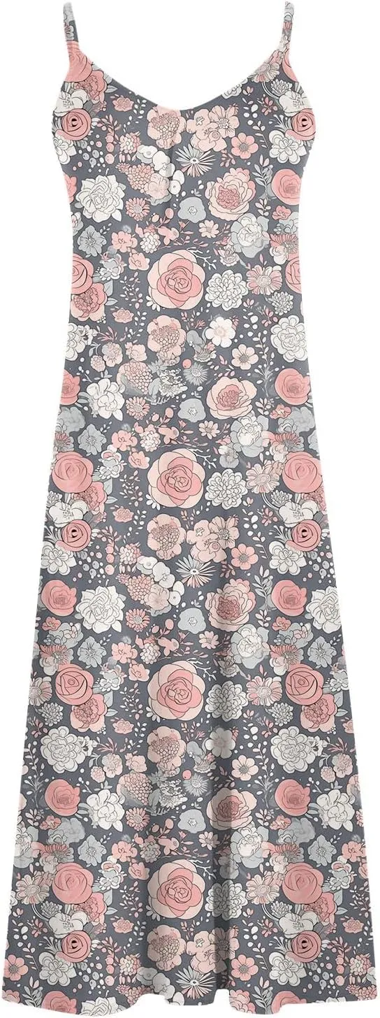 Womens V Neck Adjustable Spaghetti Strap Sundress 2025 Vintage Printed Maxi Cami Dress Summer Beach Outfits