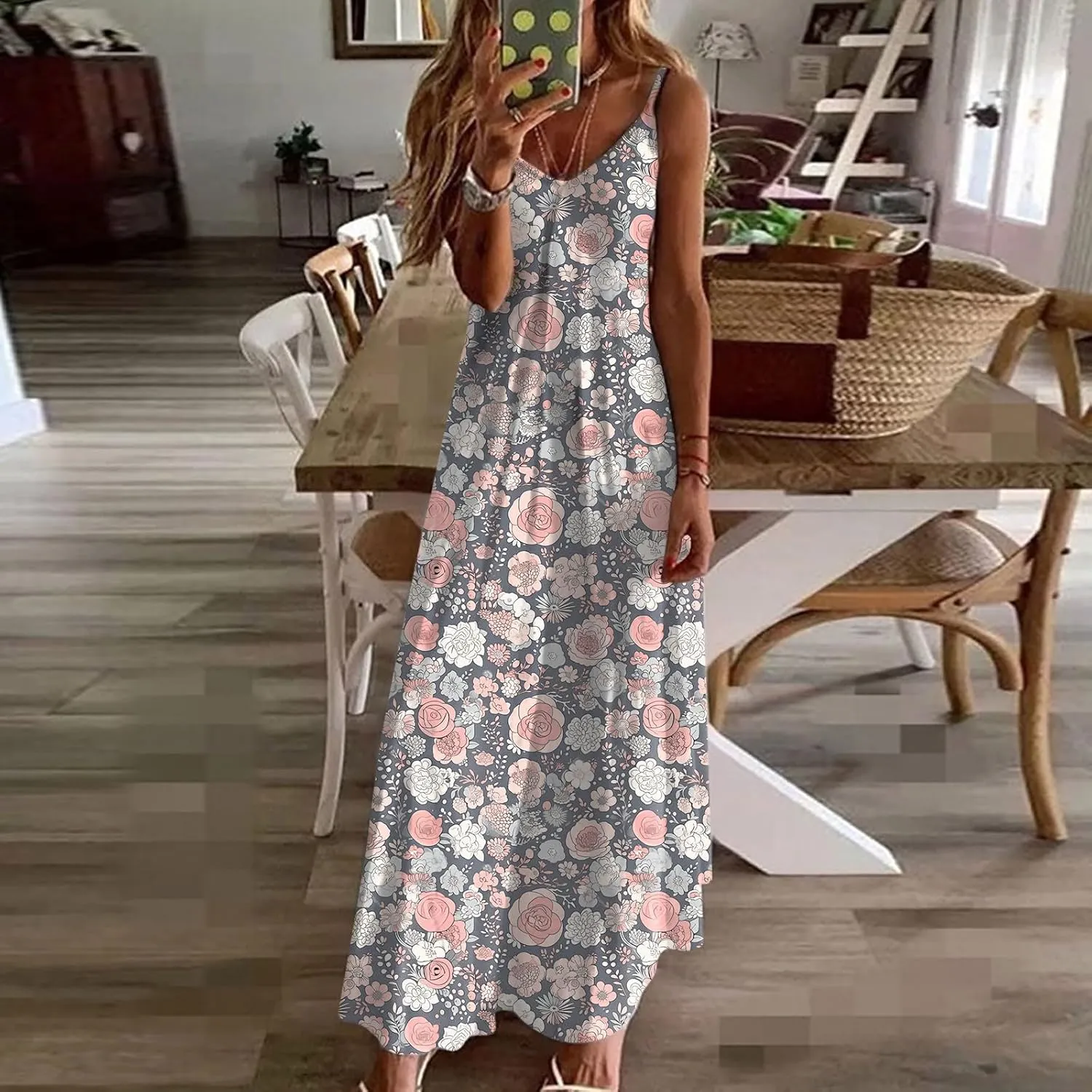 Womens V Neck Adjustable Spaghetti Strap Sundress 2025 Vintage Printed Maxi Cami Dress Summer Beach Outfits