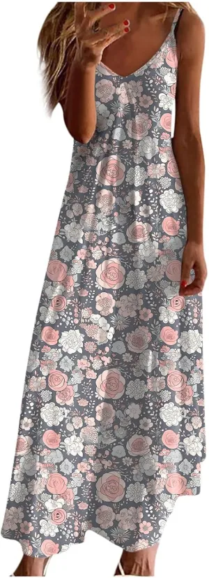 Womens V Neck Adjustable Spaghetti Strap Sundress 2025 Vintage Printed Maxi Cami Dress Summer Beach Outfits