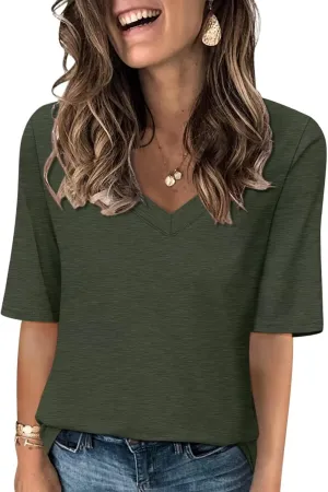 Women's V Neck T Shirts Half Sleeve Tops Casual Solid Summer Tees
