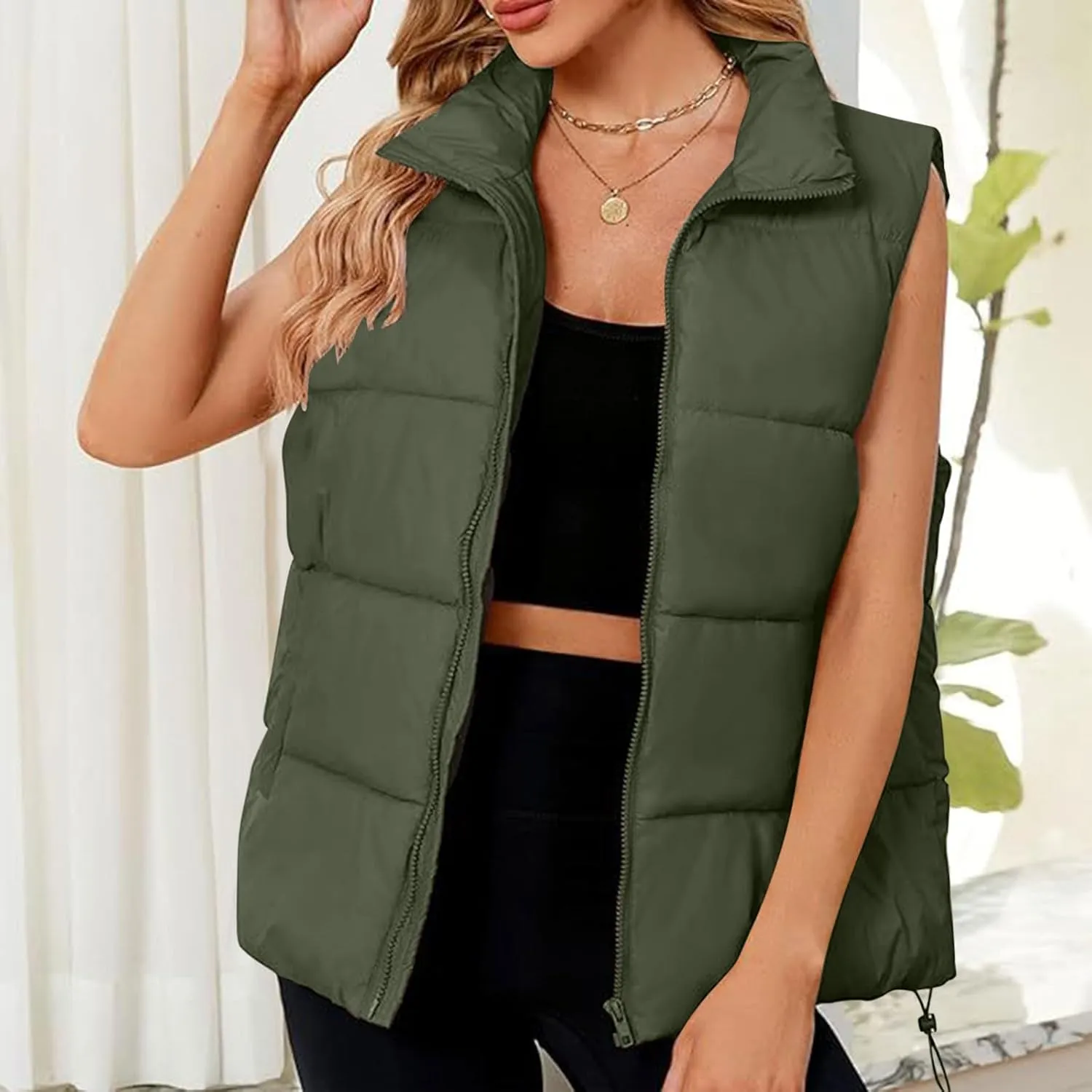 Womens Vest Sleeveless Stand Collar Down Jackets Warm Quilted Vest Winter Puffer Coat Zip Up Outwear with Pockets