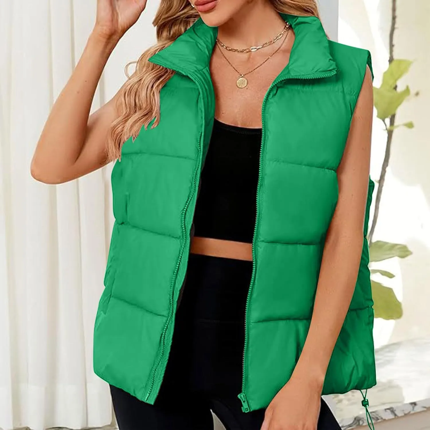 Womens Vest Sleeveless Stand Collar Down Jackets Warm Quilted Vest Winter Puffer Coat Zip Up Outwear with Pockets