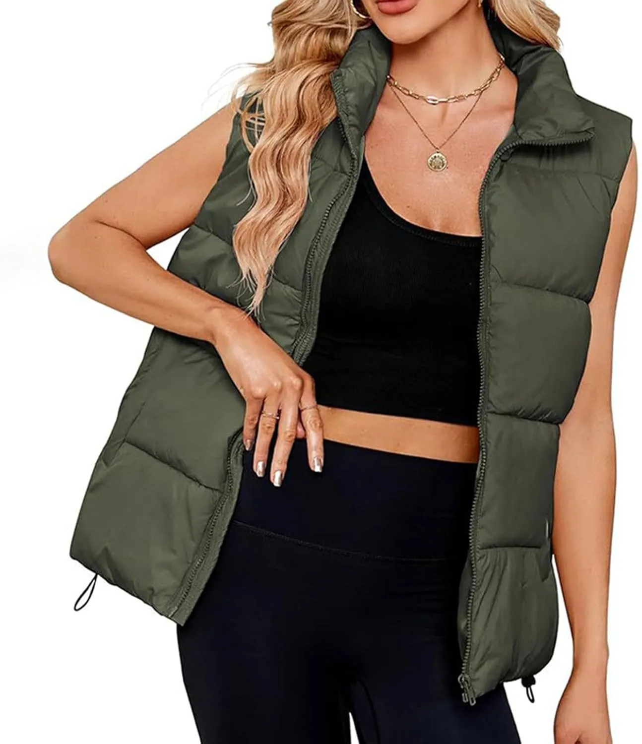Womens Vest Sleeveless Stand Collar Down Jackets Warm Quilted Vest Winter Puffer Coat Zip Up Outwear with Pockets