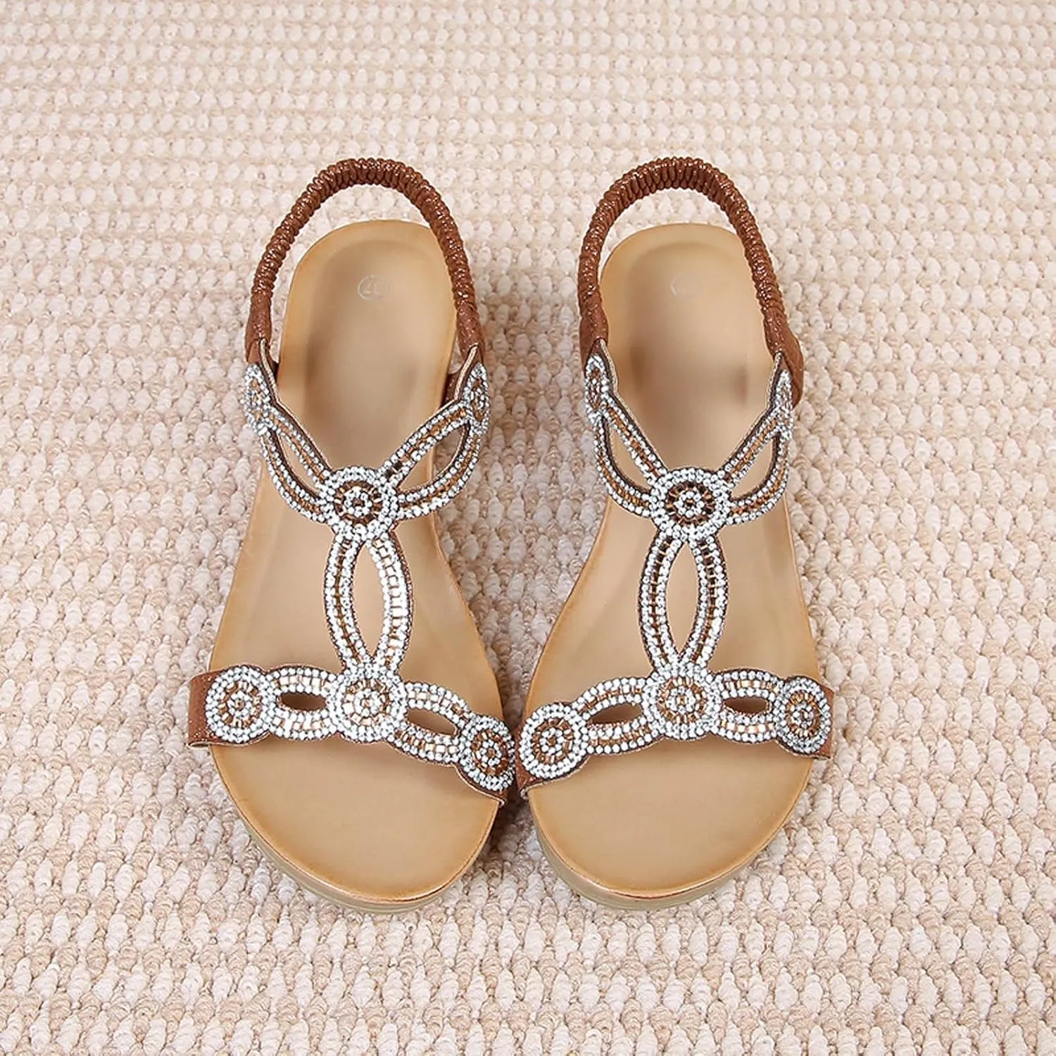 Women's Wedge Sandals Summer Comfortable Casual Bohemian Beach Rhinestone Platform Shoes Flower Low Heel Dressy Elastic Bohemia Ankle Strap with Arch Support Slip On Open Toe Shoe