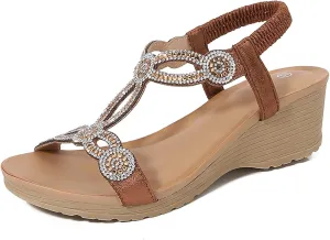 Women's Wedge Sandals Summer Comfortable Casual Bohemian Beach Rhinestone Platform Shoes Flower Low Heel Dressy Elastic Bohemia Ankle Strap with Arch Support Slip On Open Toe Shoe