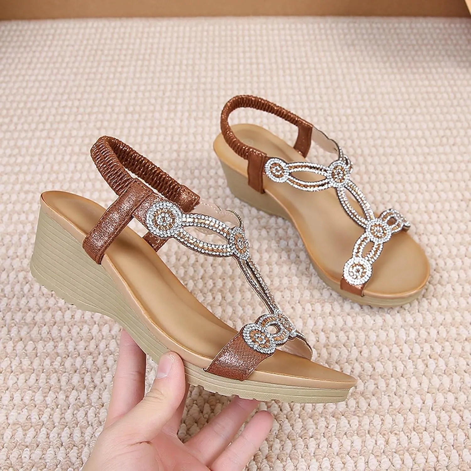 Women's Wedge Sandals Summer Comfortable Casual Bohemian Beach Rhinestone Platform Shoes Flower Low Heel Dressy Elastic Bohemia Ankle Strap with Arch Support Slip On Open Toe Shoe