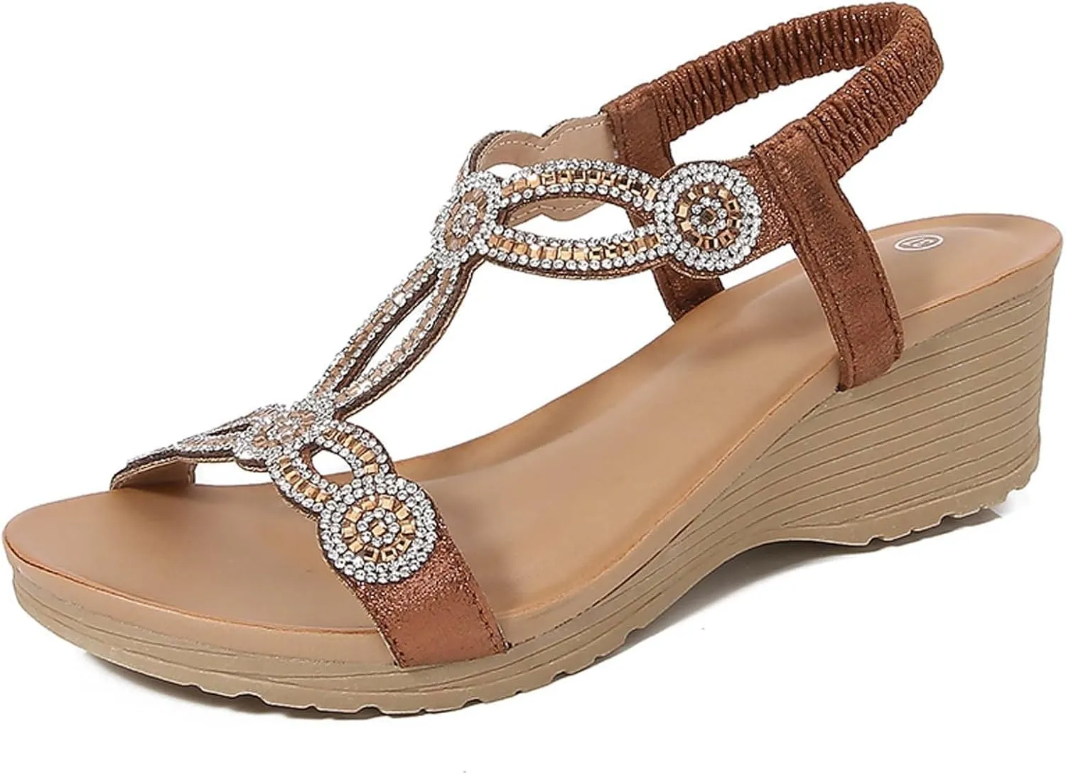 Women's Wedge Sandals Summer Comfortable Casual Bohemian Beach Rhinestone Platform Shoes Flower Low Heel Dressy Elastic Bohemia Ankle Strap with Arch Support Slip On Open Toe Shoe