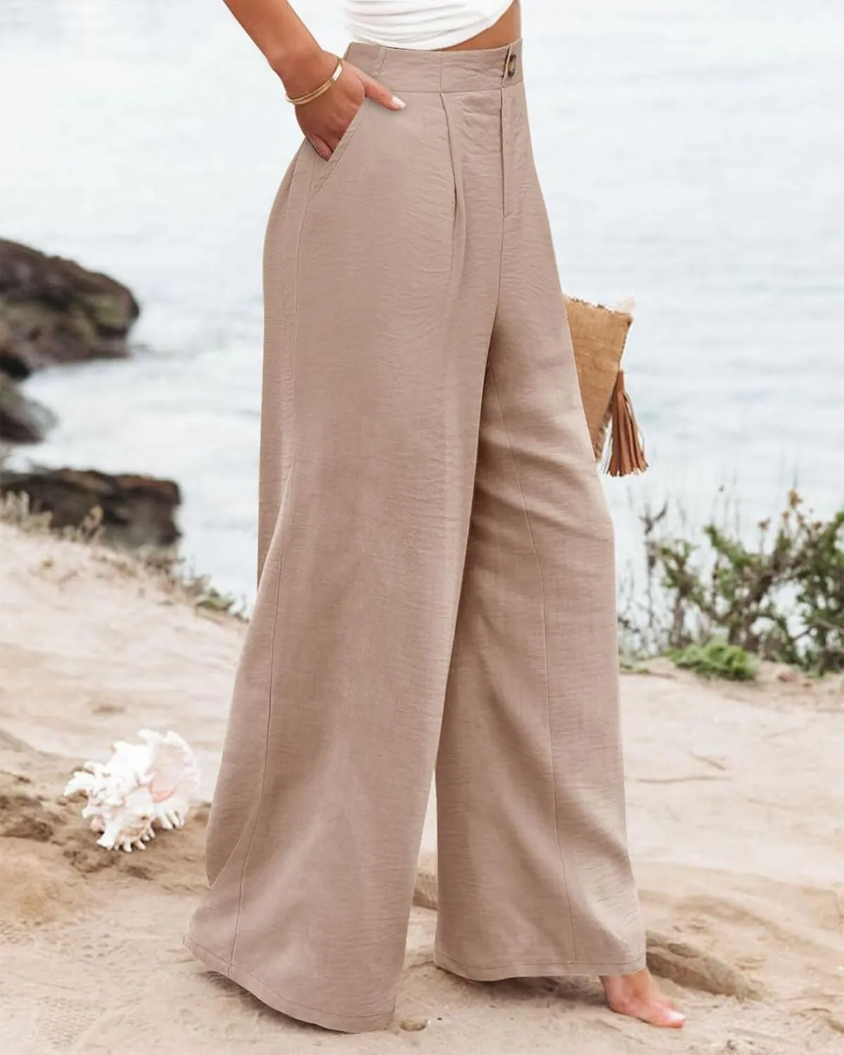 Women's Wide Leg Work Pants High Elastic Waist Casual Lounge Pant Linen Palazzo Trousers Trousers with Zipper Pockets