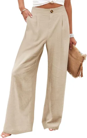 Women's Wide Leg Work Pants High Elastic Waist Casual Lounge Pant Linen Palazzo Trousers Trousers with Zipper Pockets
