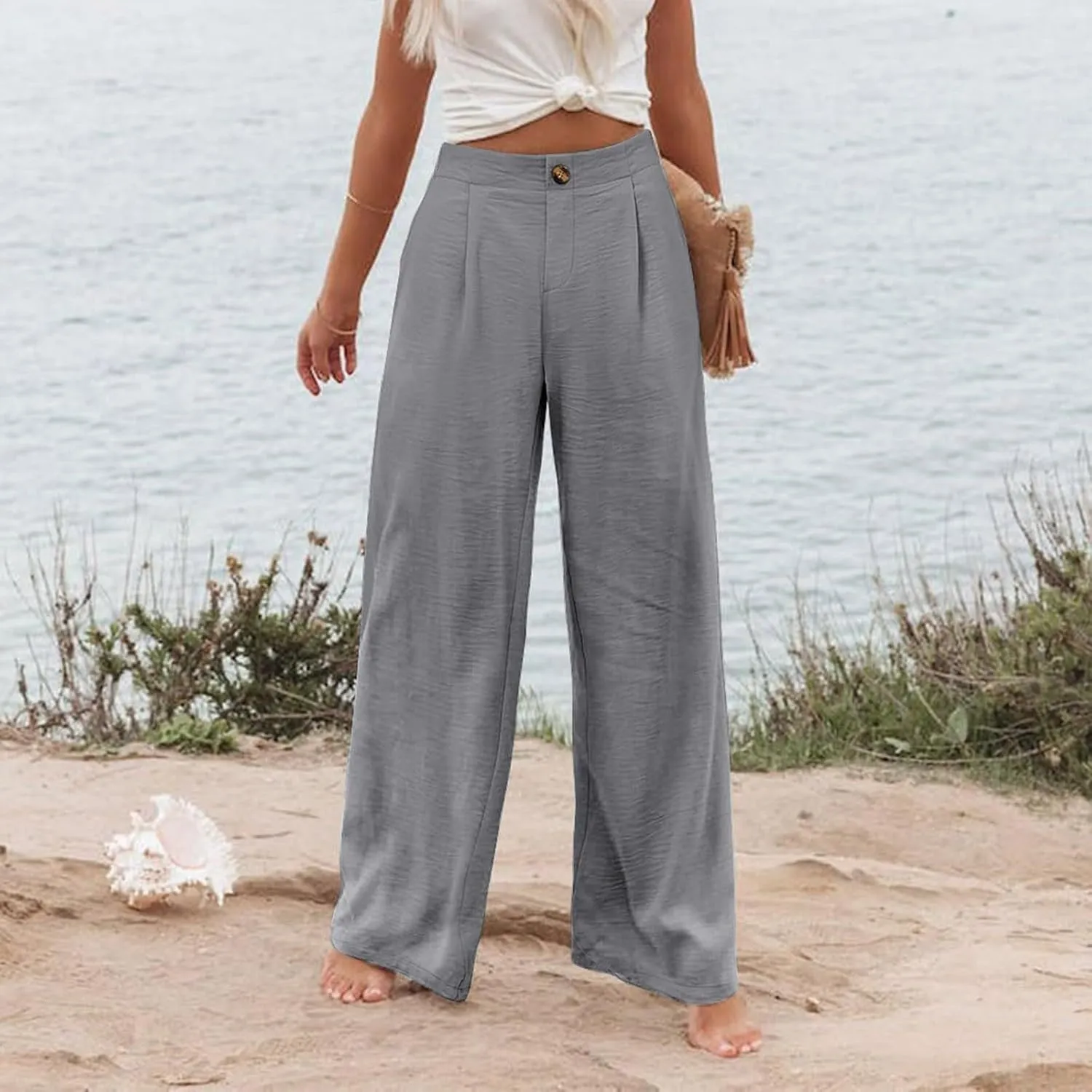 Women's Wide Leg Work Pants High Elastic Waist Casual Lounge Pant Linen Palazzo Trousers Trousers with Zipper Pockets