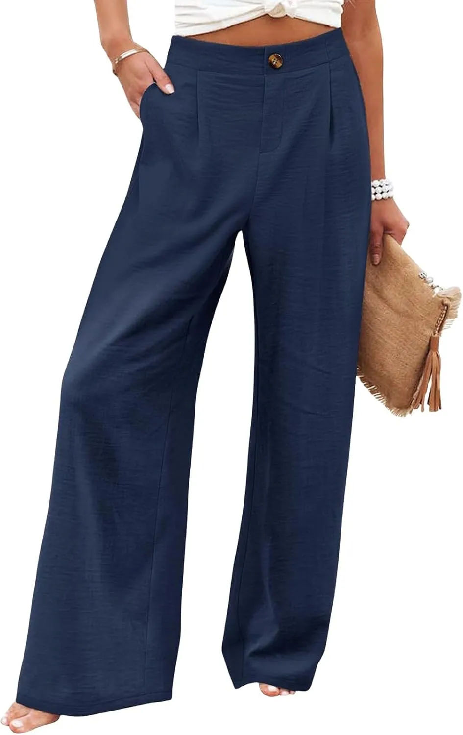 Women's Wide Leg Work Pants High Elastic Waist Casual Lounge Pant Linen Palazzo Trousers Trousers with Zipper Pockets
