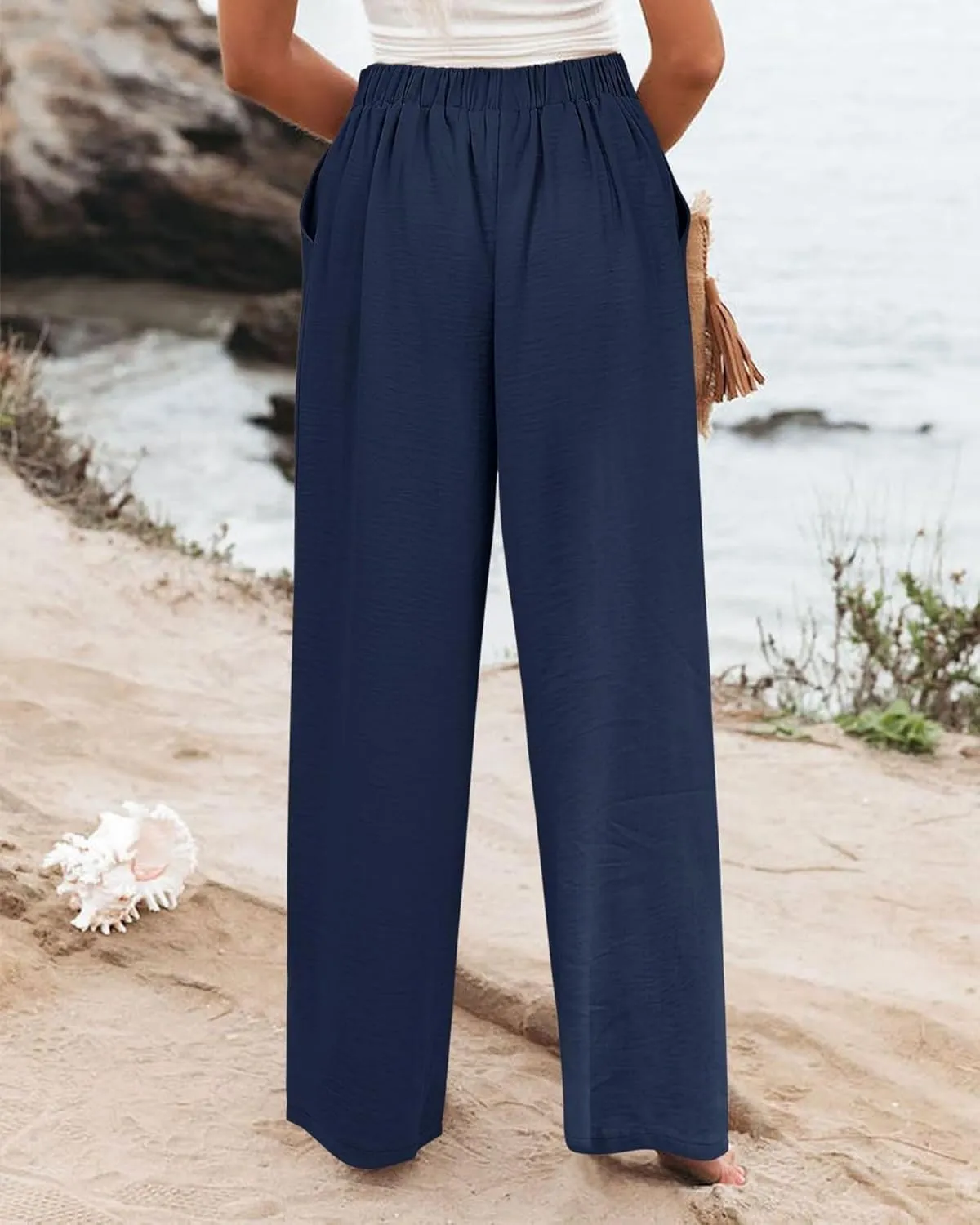Women's Wide Leg Work Pants High Elastic Waist Casual Lounge Pant Linen Palazzo Trousers Trousers with Zipper Pockets