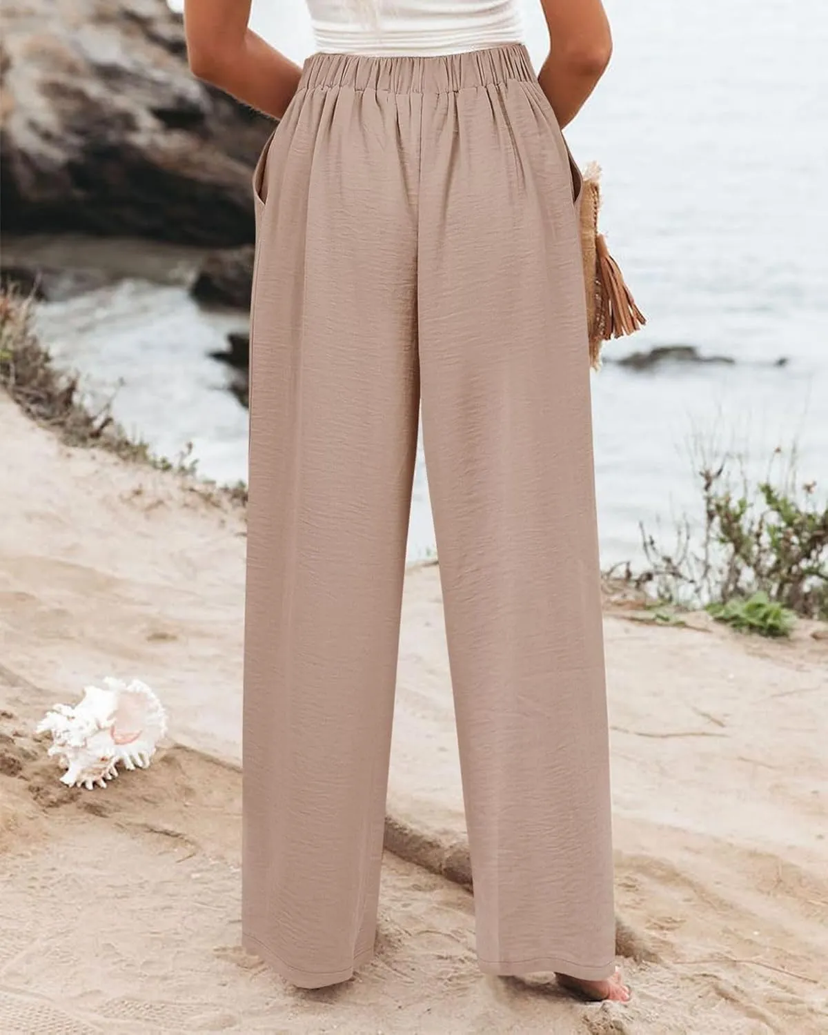 Women's Wide Leg Work Pants High Elastic Waist Casual Lounge Pant Linen Palazzo Trousers Trousers with Zipper Pockets