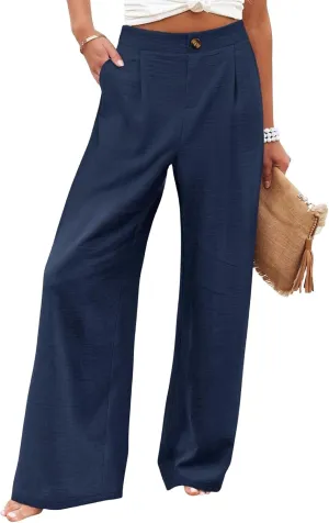 Women's Wide Leg Work Pants High Elastic Waist Casual Lounge Pant Linen Palazzo Trousers Trousers with Zipper Pockets