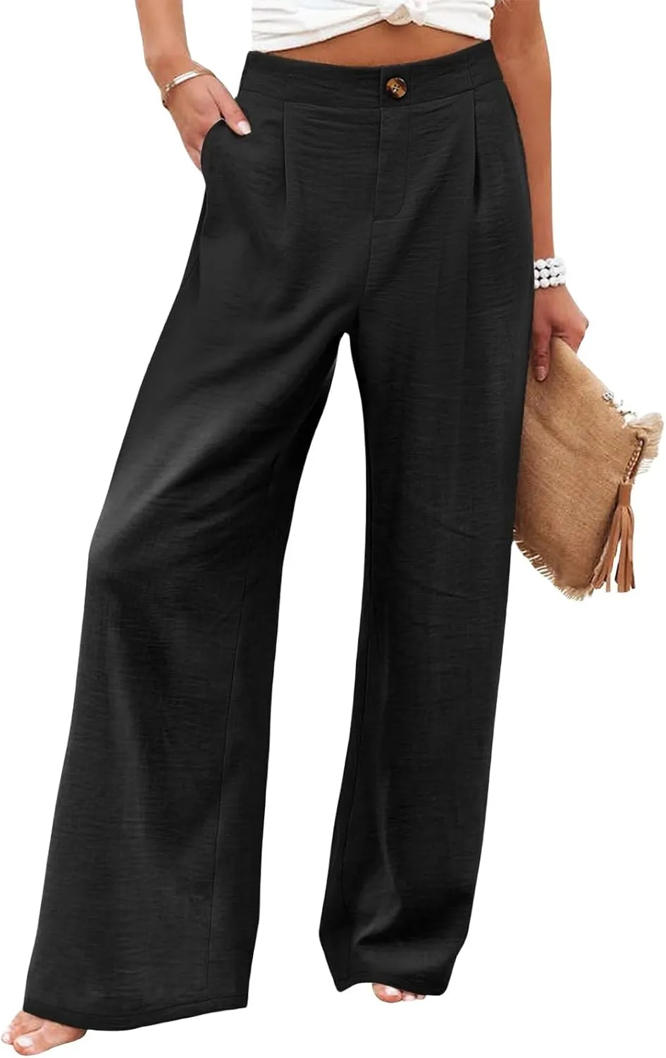 Women's Wide Leg Work Pants High Elastic Waist Casual Lounge Pant Linen Palazzo Trousers Trousers with Zipper Pockets