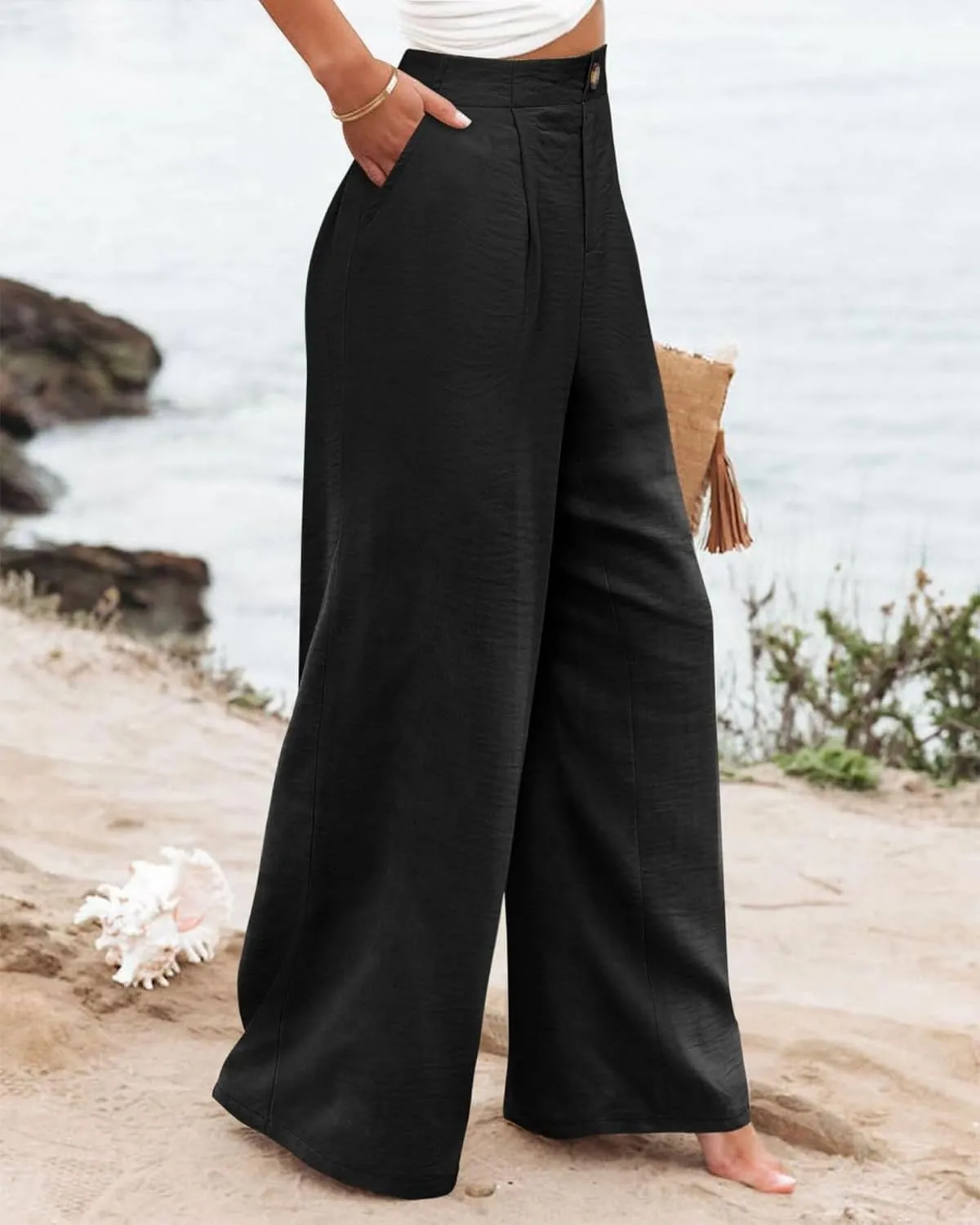Women's Wide Leg Work Pants High Elastic Waist Casual Lounge Pant Linen Palazzo Trousers Trousers with Zipper Pockets