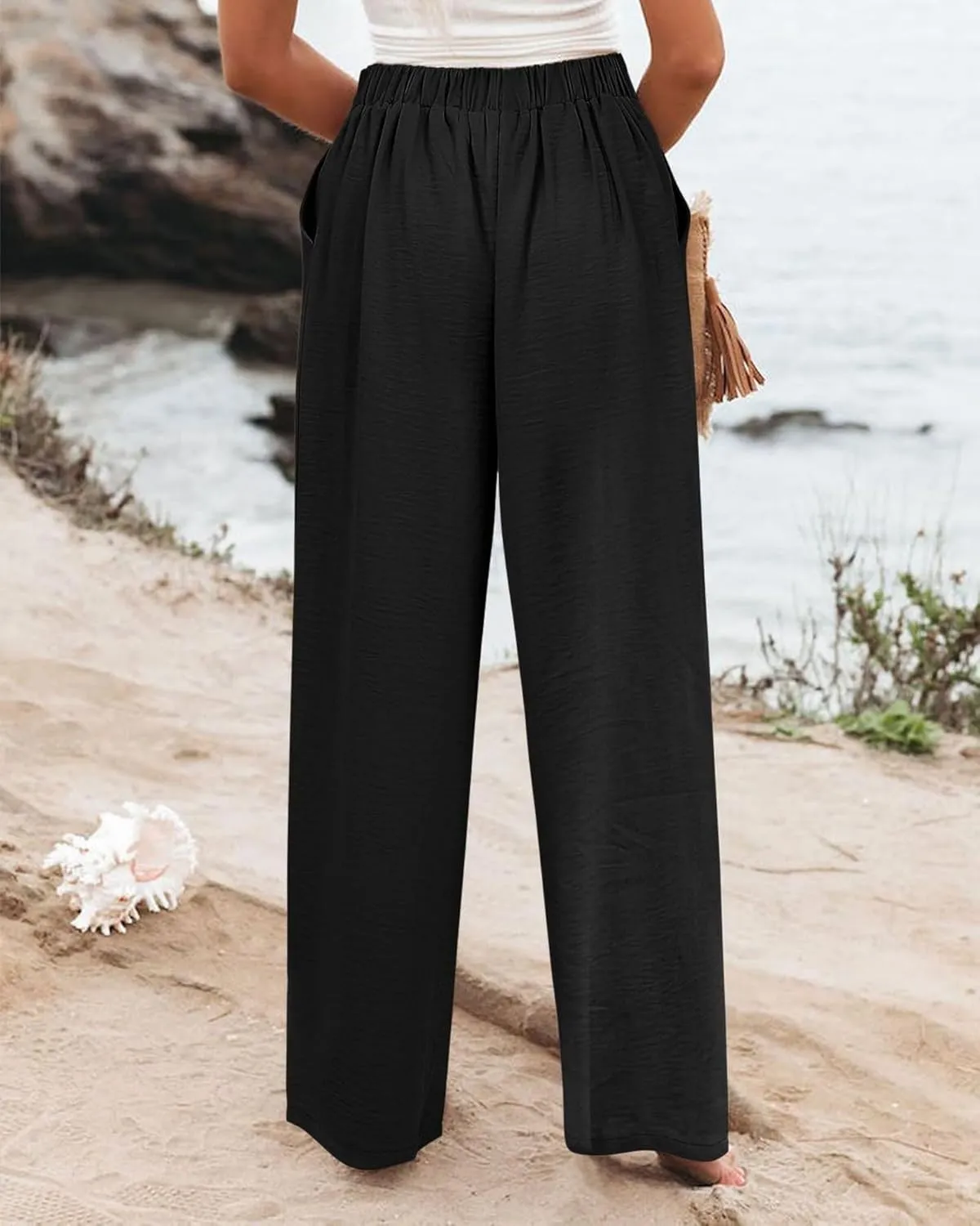 Women's Wide Leg Work Pants High Elastic Waist Casual Lounge Pant Linen Palazzo Trousers Trousers with Zipper Pockets