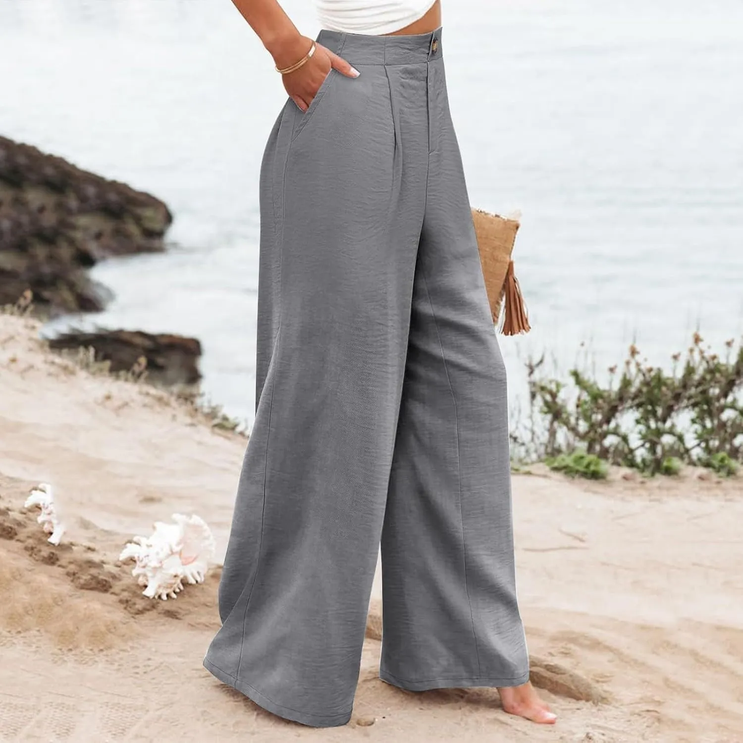 Women's Wide Leg Work Pants High Elastic Waist Casual Lounge Pant Linen Palazzo Trousers Trousers with Zipper Pockets
