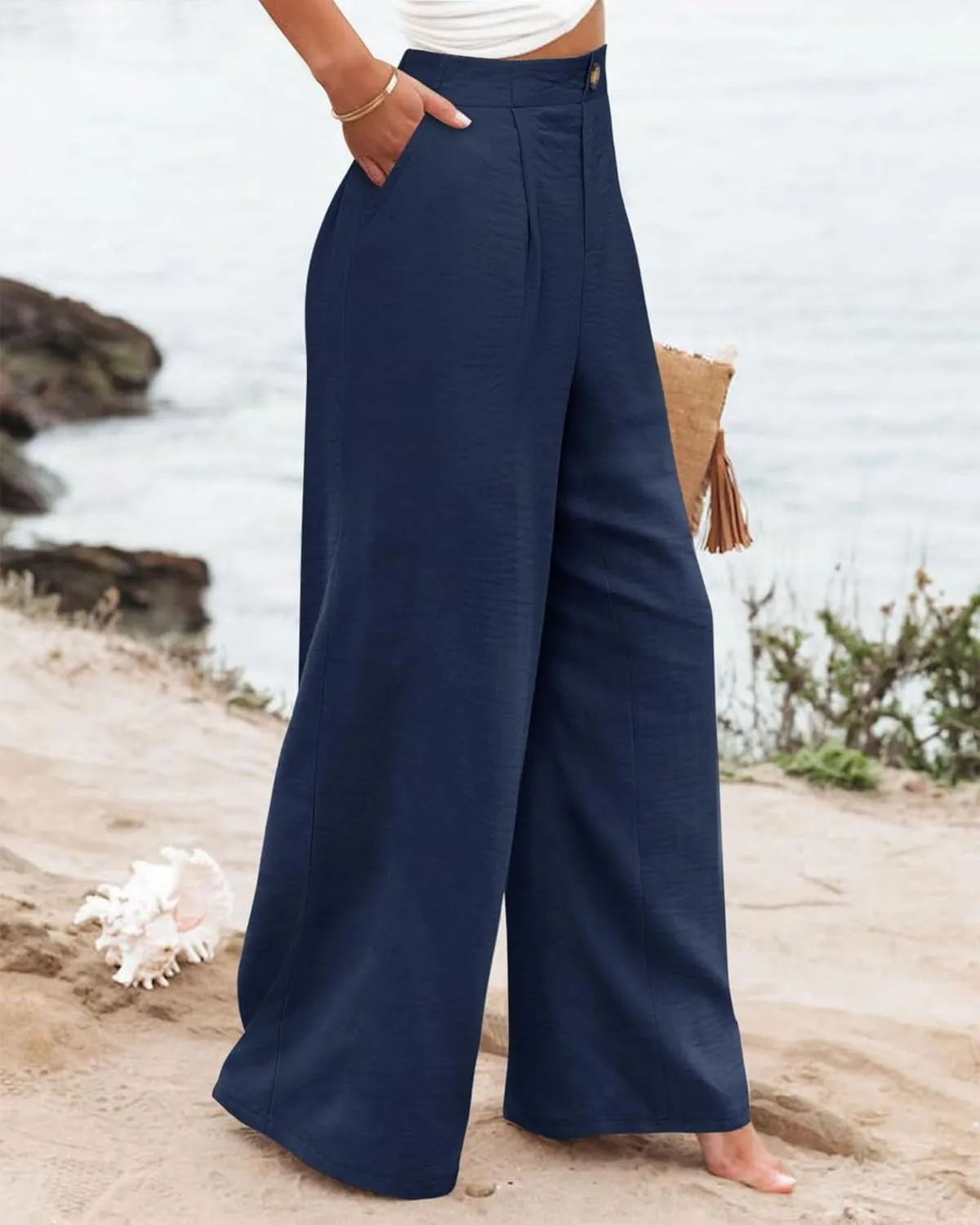 Women's Wide Leg Work Pants High Elastic Waist Casual Lounge Pant Linen Palazzo Trousers Trousers with Zipper Pockets