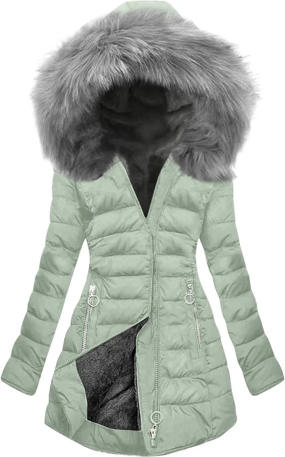 Women's Winter Thicken Coats Warm Furry Faux Sherpa Lined Long Quilted Puffer Jackets Trench Coats Military Parka
