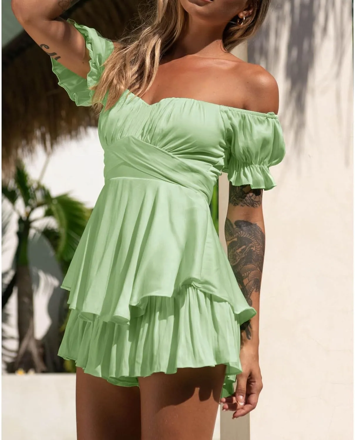 Xiaojmake Off Shoulder Chiffon Rompers for Women Dressy Short Puff Sleeve Ruffle Layer Romper Back Tie Mini Short Jumpsuits