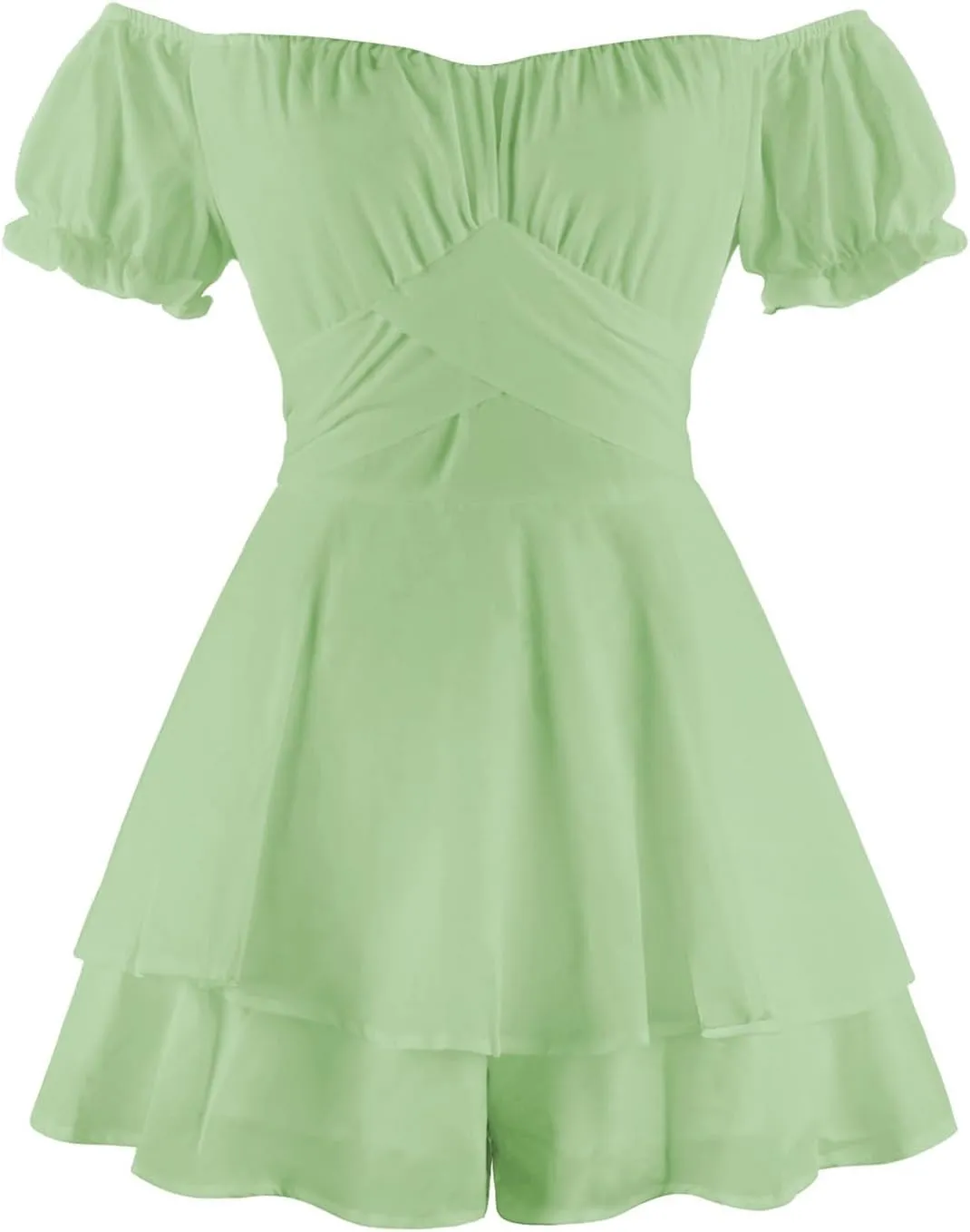 Xiaojmake Off Shoulder Chiffon Rompers for Women Dressy Short Puff Sleeve Ruffle Layer Romper Back Tie Mini Short Jumpsuits