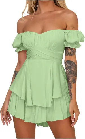 Xiaojmake Off Shoulder Chiffon Rompers for Women Dressy Short Puff Sleeve Ruffle Layer Romper Back Tie Mini Short Jumpsuits