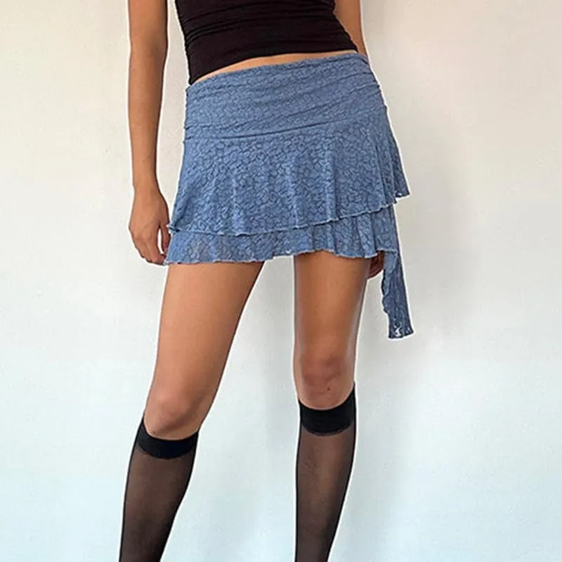 Y2k Ruffle Mini Skirt for Women Lace Hem Low Rise Pleated Short Skirt Fairy A-line Tiered Flowy Skirt Streetwear