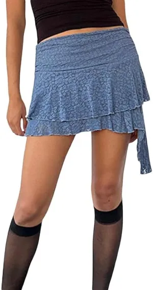 Y2k Ruffle Mini Skirt for Women Lace Hem Low Rise Pleated Short Skirt Fairy A-line Tiered Flowy Skirt Streetwear