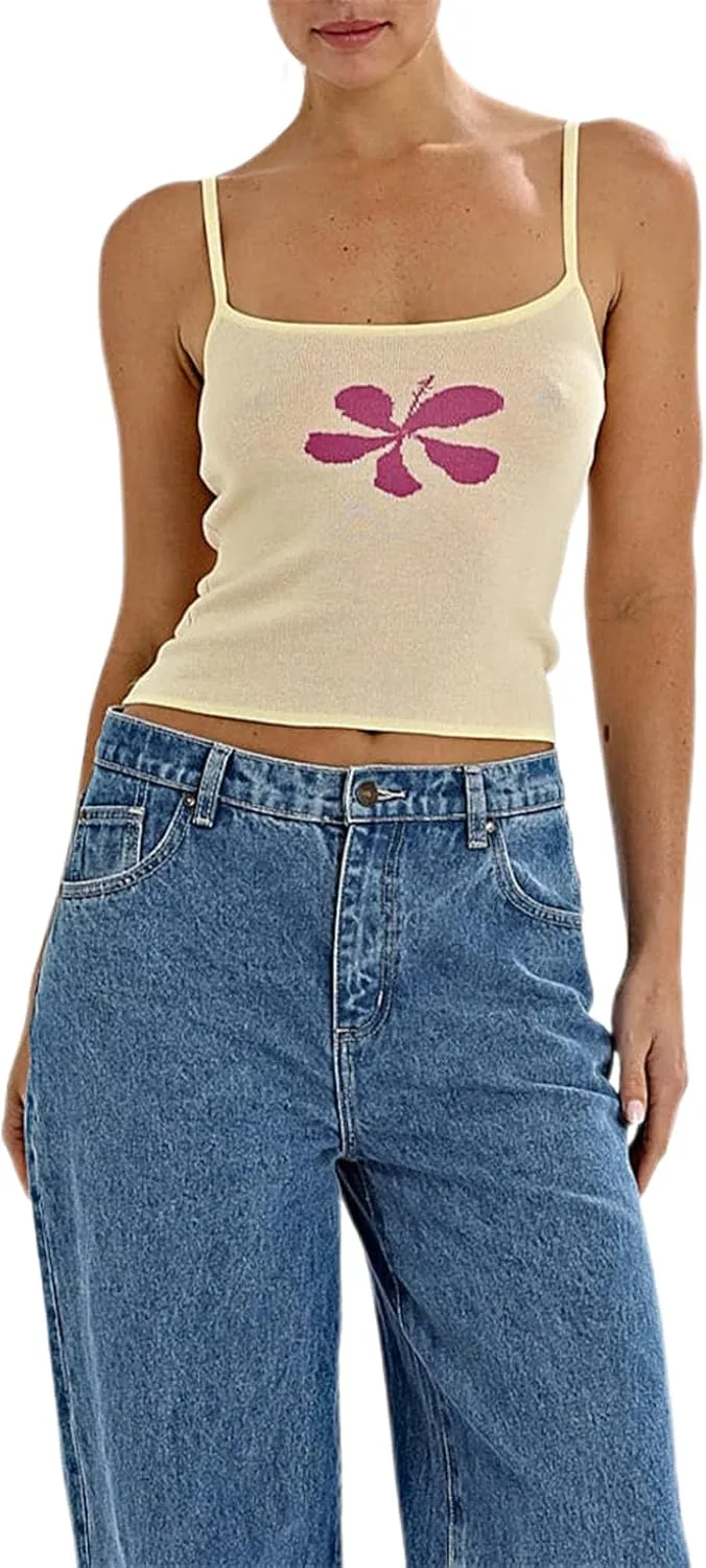 Y2k Tank Top Floral Spaghetti Strap Camisoles Women Sleeveless Flower Cami Top Summer Going Out Slim Fit Vest