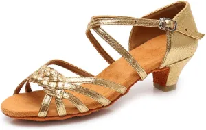YKXLM Girls Latin Dance Shoes Kids Low Heels Tango Salsa Ballroom Practice Dance Shoes, 1208,Gold,12.5 M Little Kid
