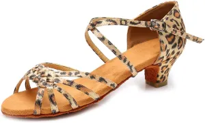 YKXLM Girls Latin Dance Shoes Kids Low Heels Tango Salsa Ballroom Practice Dance Shoes, 1208,Leopard,13.5 M Little Kid