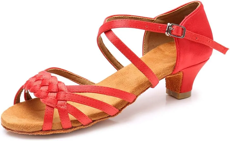 YKXLM Girls Latin Dance Shoes Kids Low Heels Tango Salsa Ballroom Practice Dance Shoes, 1208,Red, 3 M Little Kid