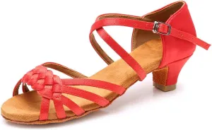 YKXLM Girls Latin Dance Shoes Kids Low Heels Tango Salsa Ballroom Practice Dance Shoes, 1208,Red, 3 M Little Kid