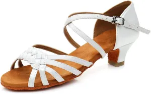 YKXLM Girls Latin Dance Shoes Kids Low Heels Tango Salsa Ballroom Practice Dance Shoes, 1208,White, 5 M Little Kid