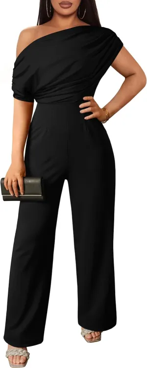 YMDUCH Women's Casual Sleeveless Off Shoulder Wide Leg Long Pant Jumpsuits