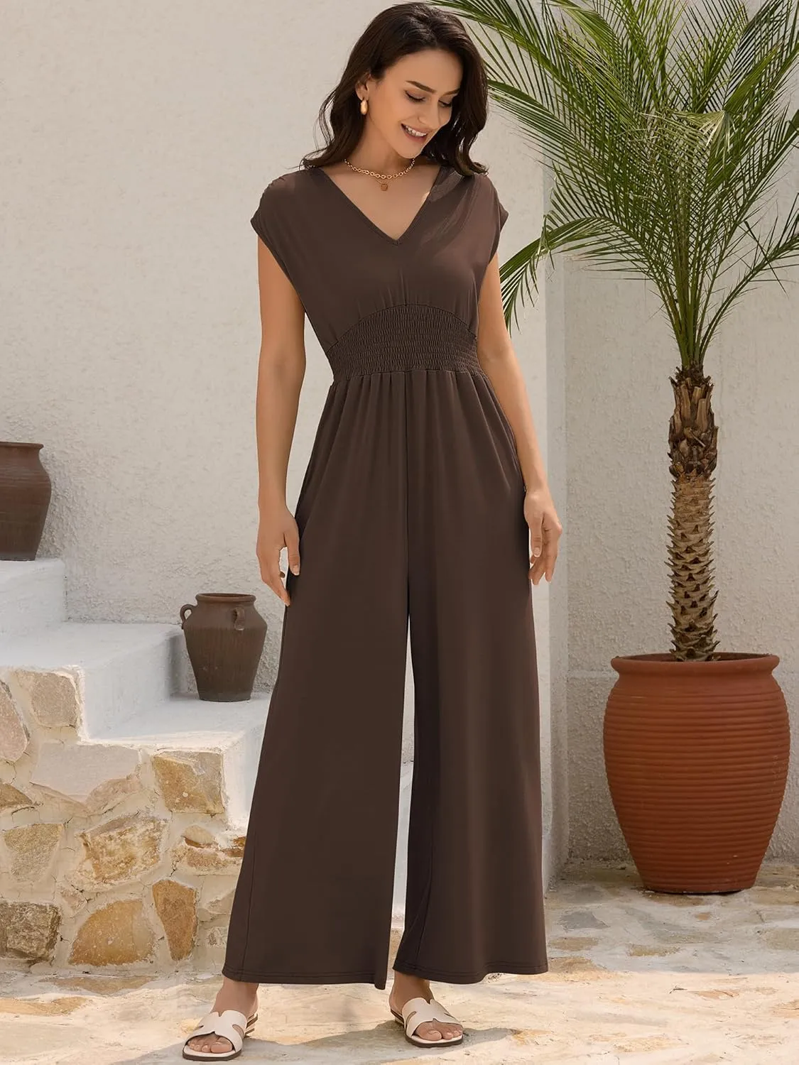 ZAFUL Womens Summer Jumpsuits 2025 Smocked Waist Dressy Casual One Piece Outfits with Pockets