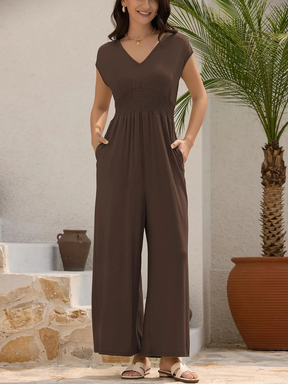 ZAFUL Womens Summer Jumpsuits 2025 Smocked Waist Dressy Casual One Piece Outfits with Pockets