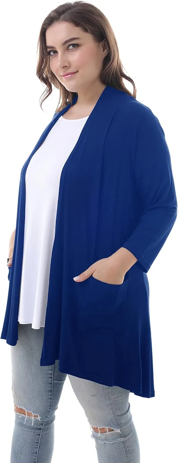 ZERDOCEAN Women's Plus Size 3/4 Sleeve Lightweight Soft Printed Drape Cardigan with Pockets