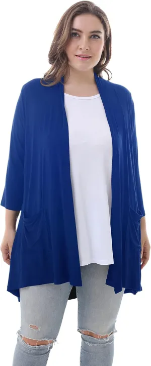 ZERDOCEAN Women's Plus Size 3/4 Sleeve Lightweight Soft Printed Drape Cardigan with Pockets