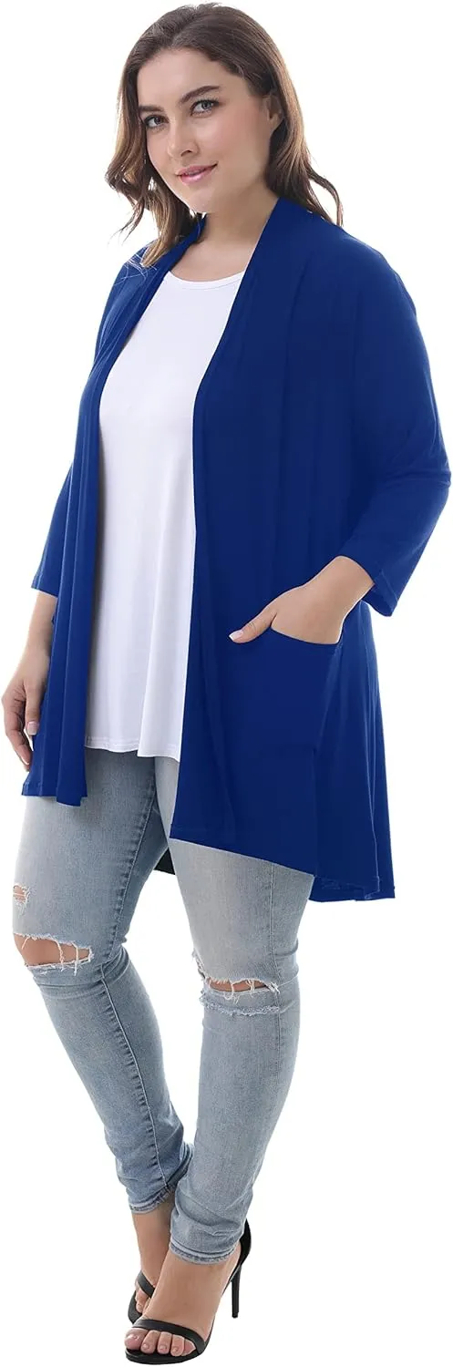 ZERDOCEAN Women's Plus Size 3/4 Sleeve Lightweight Soft Printed Drape Cardigan with Pockets