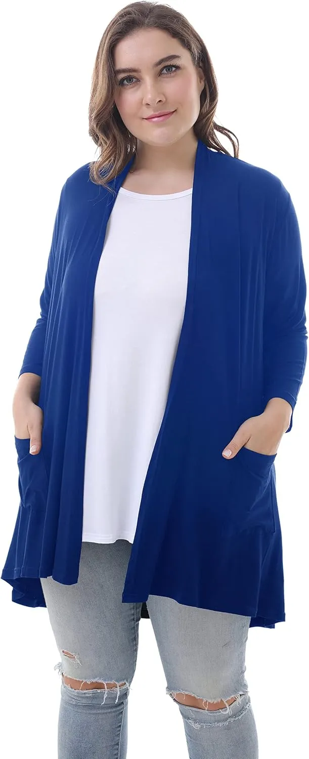 ZERDOCEAN Women's Plus Size 3/4 Sleeve Lightweight Soft Printed Drape Cardigan with Pockets