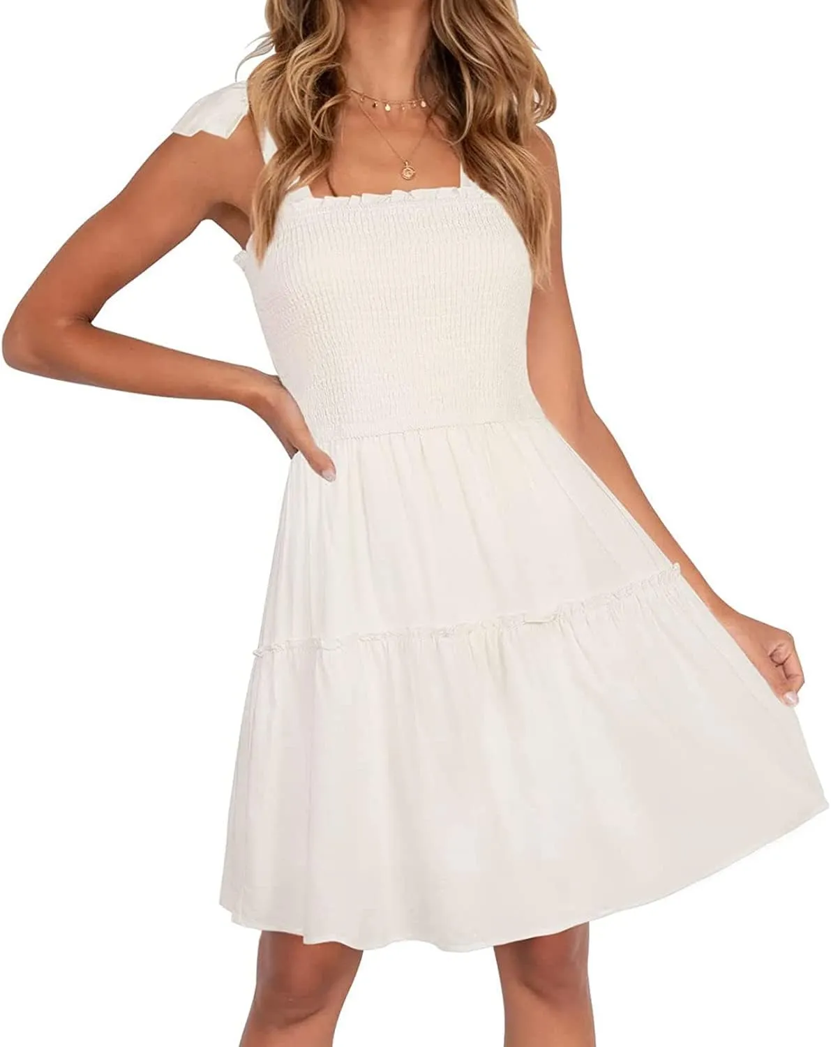 ZESICA Women's 2025 Summer Spaghetti Strap Sleeveless Square Neck Ruffle A Line Swing Mini Dress