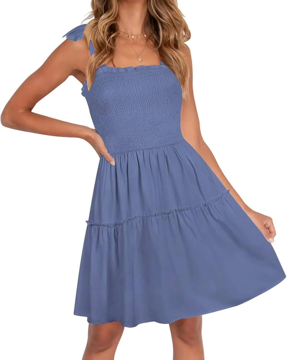 ZESICA Women's 2025 Summer Spaghetti Strap Sleeveless Square Neck Ruffle A Line Swing Mini Dress