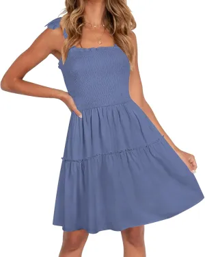 ZESICA Women's 2025 Summer Spaghetti Strap Sleeveless Square Neck Ruffle A Line Swing Mini Dress